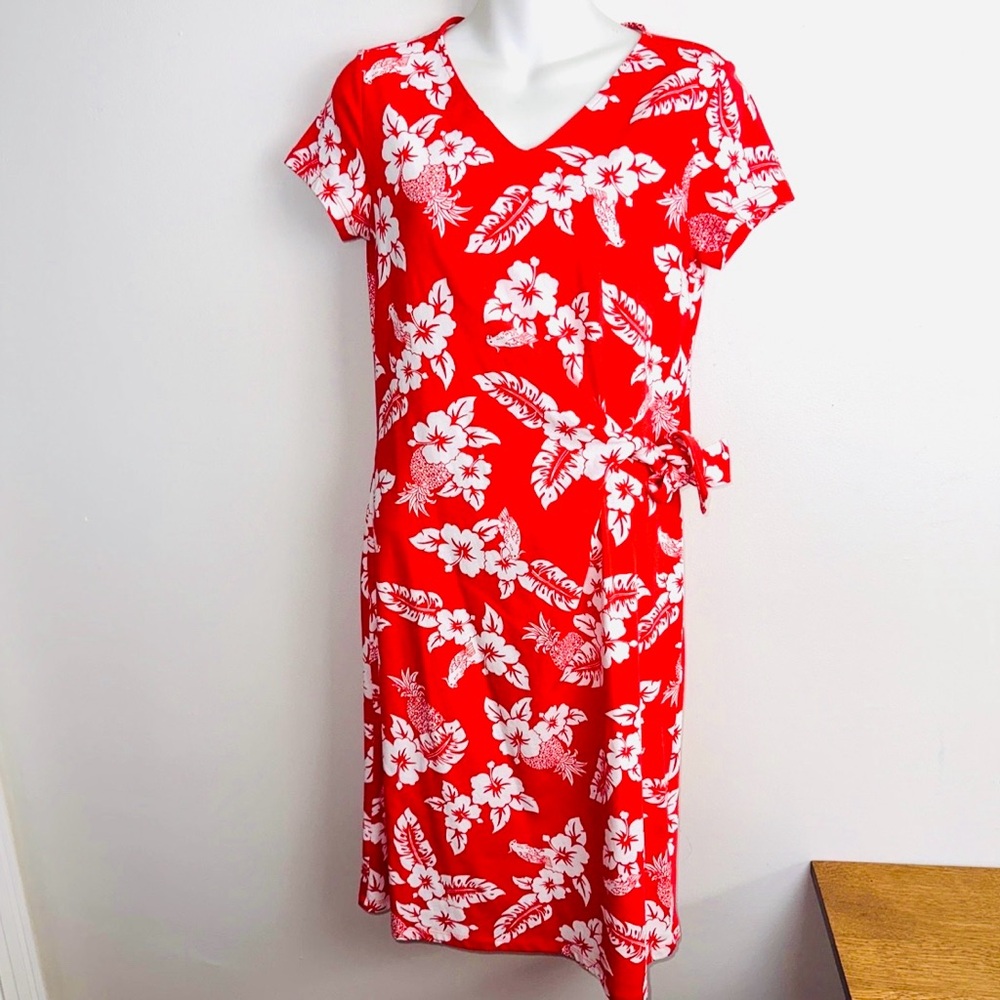 New LANDS' END Bright Poppy Hawaii Floral Dress Red White Size XS Side Tie